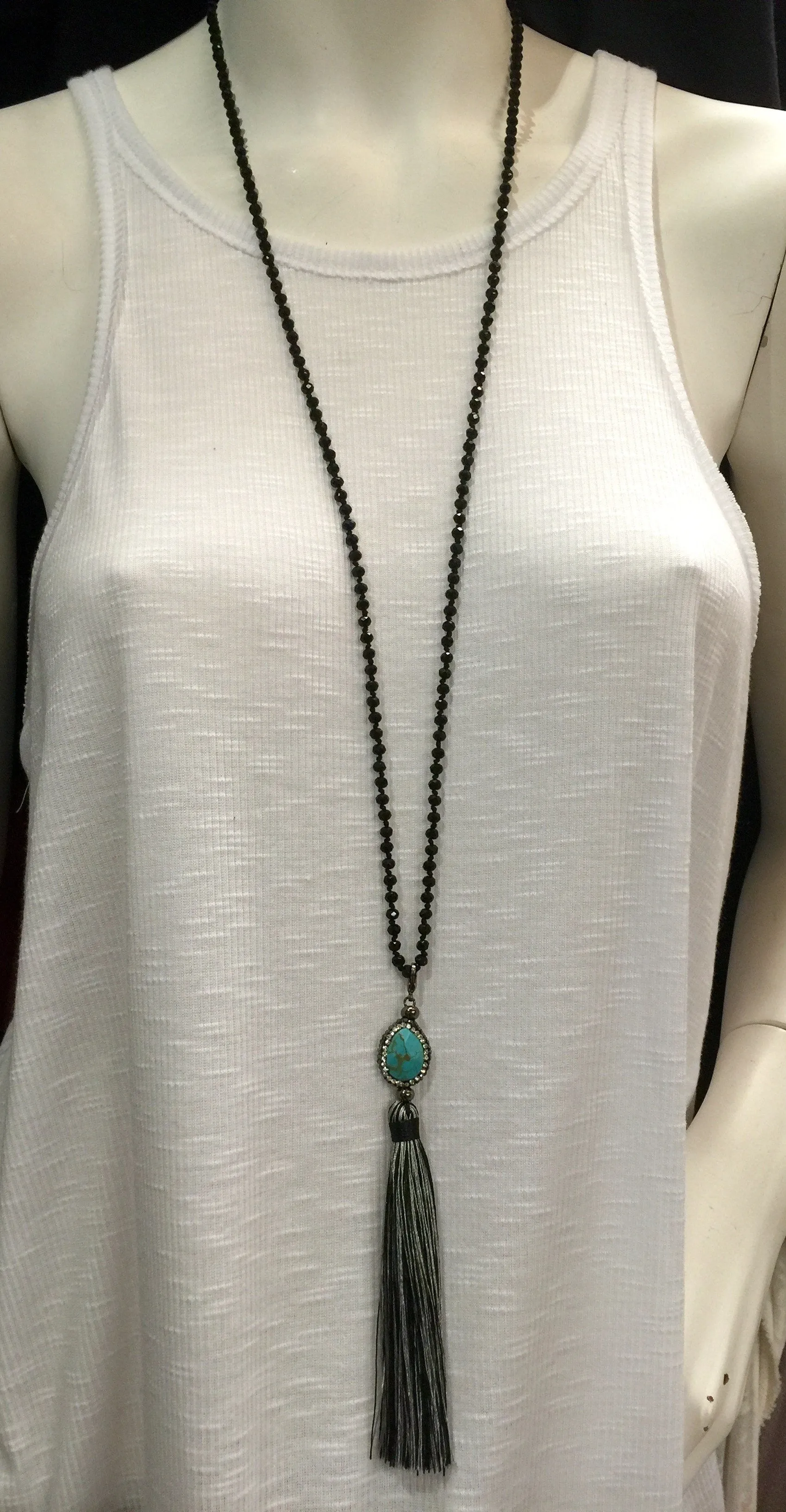 Agate and Crystal Long Tassel Necklace