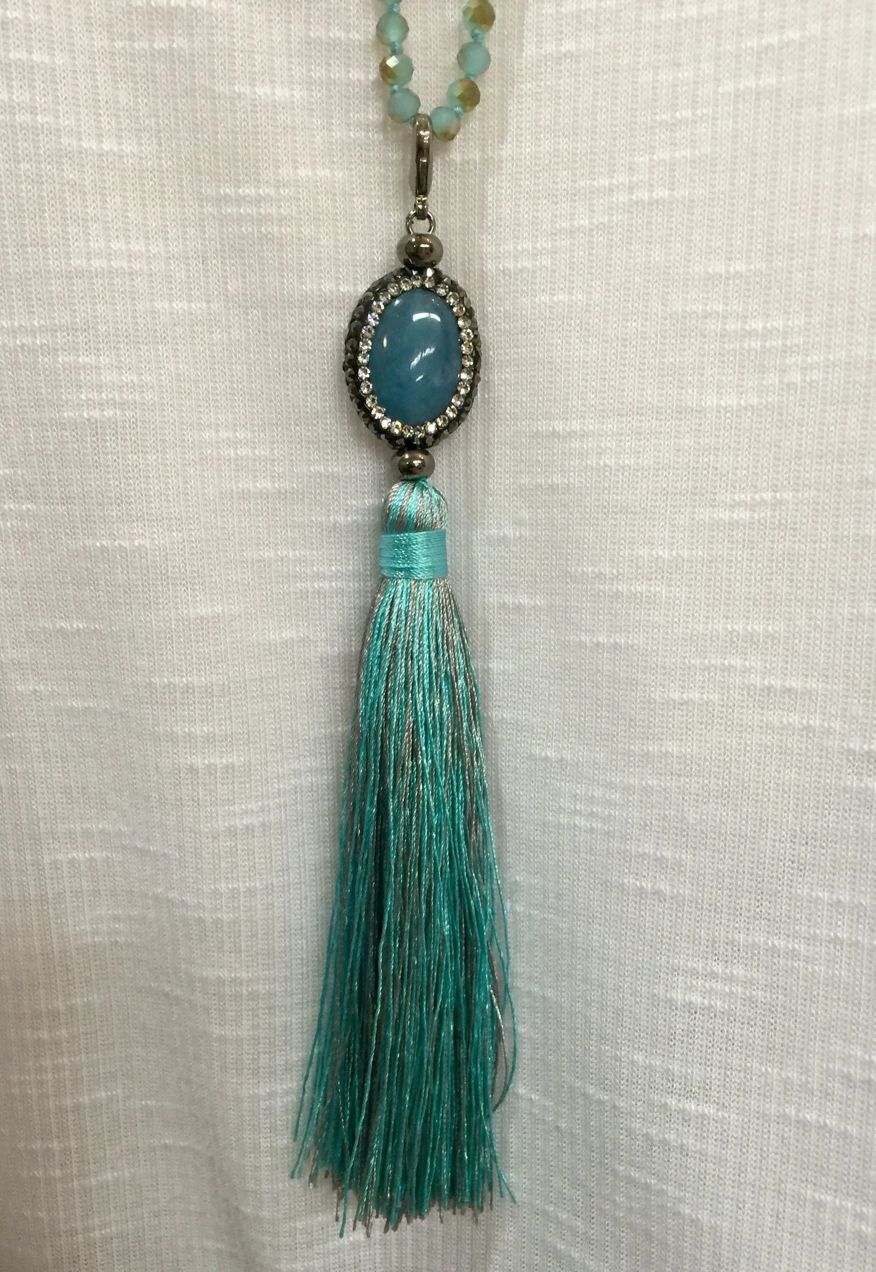 Agate and Crystal Long Tassel Necklace