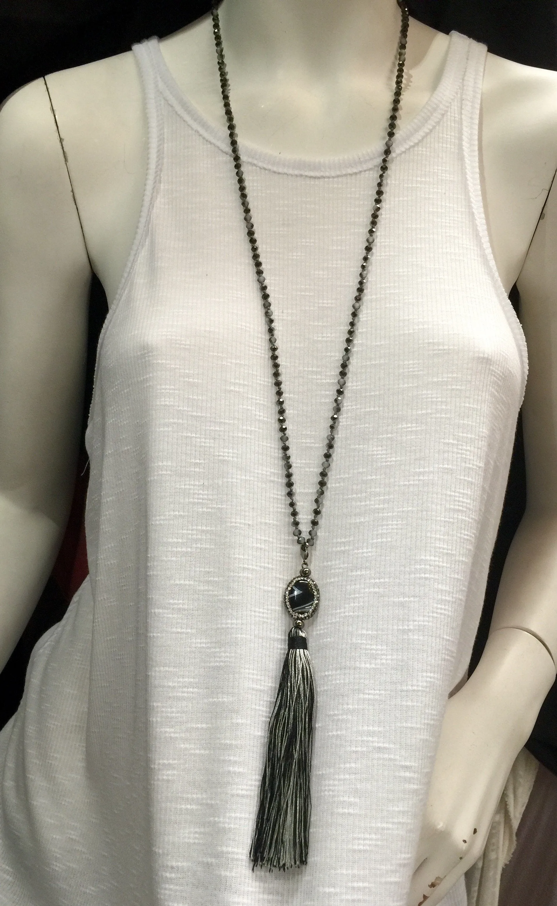 Agate and Crystal Long Tassel Necklace