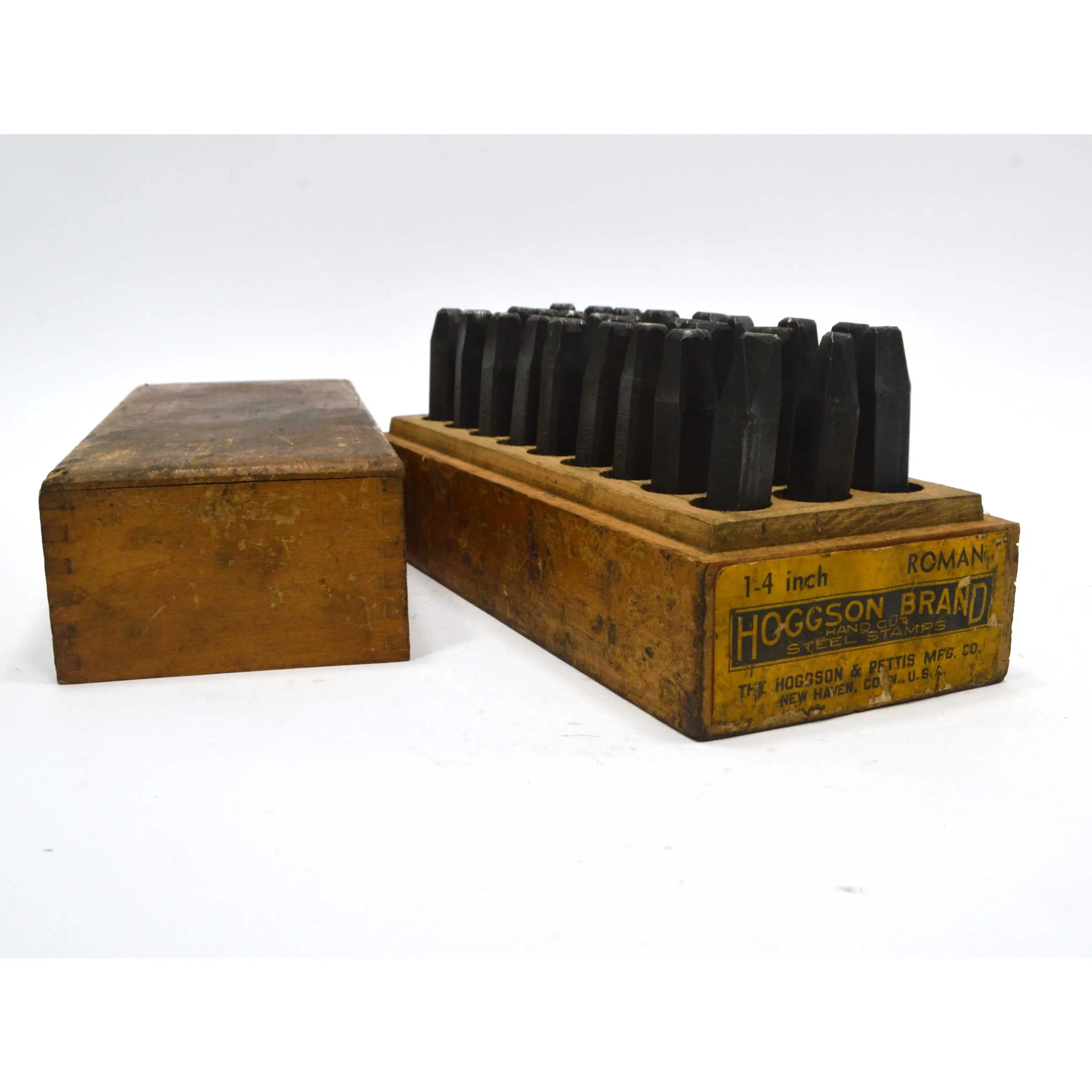 Antique ALPHABET PUNCH SET Complete Roman Font ABC's in WOOD BOX "HOGGSON BRAND"