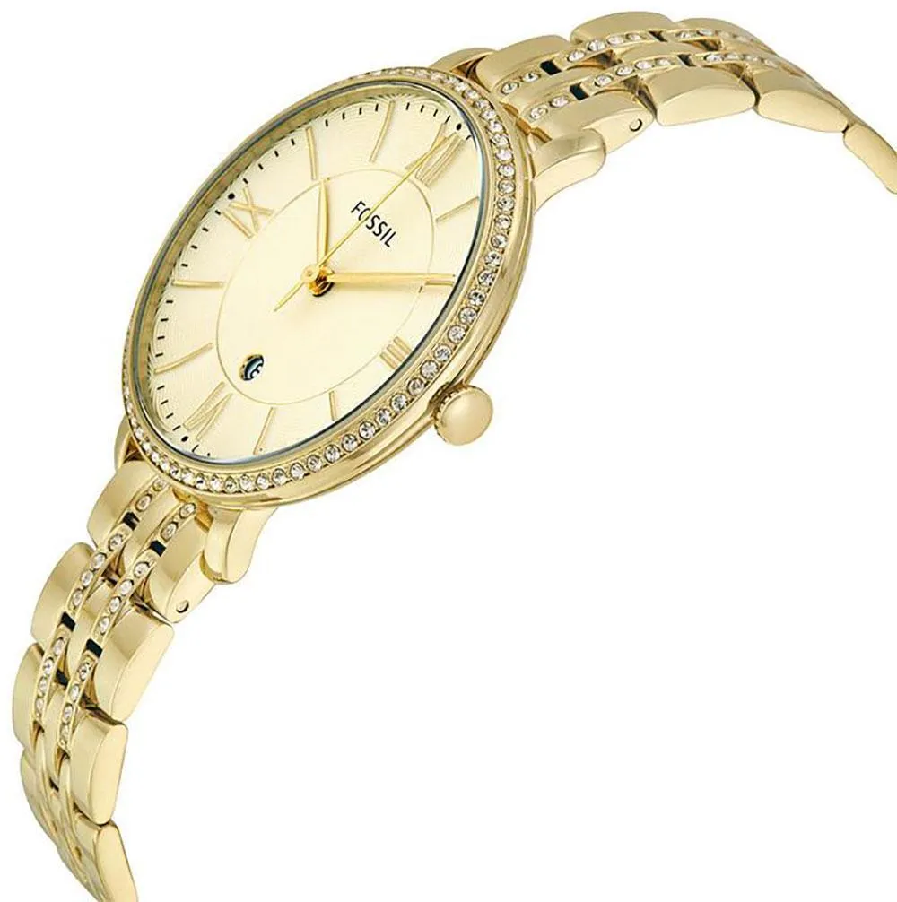 Fossil Jacqueline Gold-Tone Stainless Steel Gold-Tone Dial Crystals Date Quartz Womens Watch ES3547