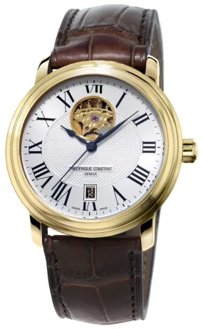 Frederique Constant Classics Heart Beat Automatic Yellow Gold Plated Steel Silver Dial Brown Leather Strap Date Mens Watch FC-315M4P5