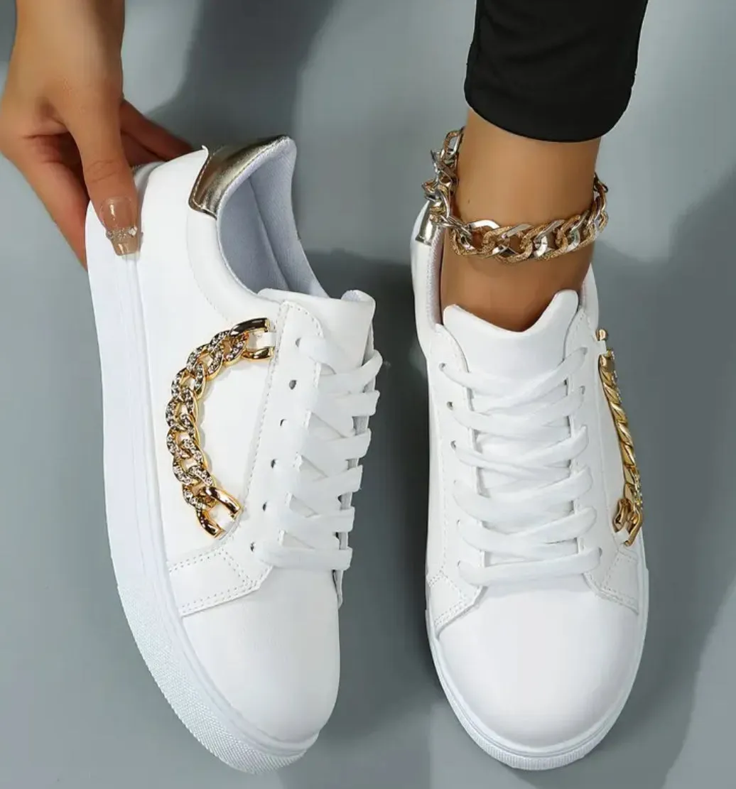 “Gold” Metal Chain Decor, White Skate Shoes, Simple Casual Versatile Faux Leather