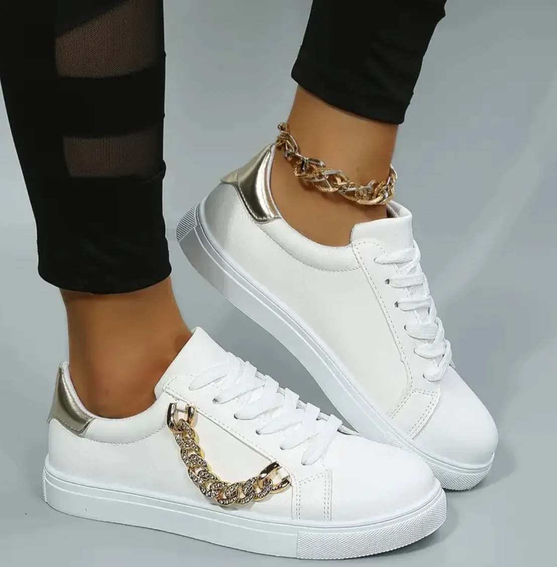 “Gold” Metal Chain Decor, White Skate Shoes, Simple Casual Versatile Faux Leather