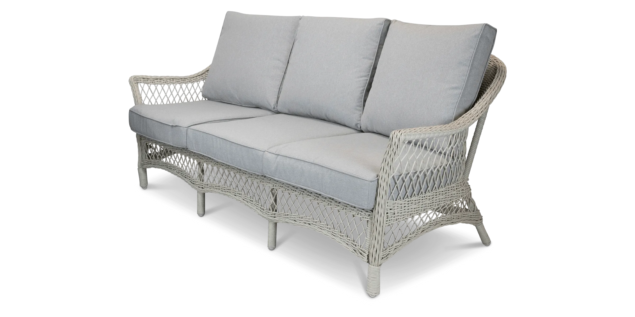 Hamptons Outdoor Wicker Lounge with 3 Seater, 2 x Armchairs, Coffee & Side Table in Dune Spunpoly Cushions