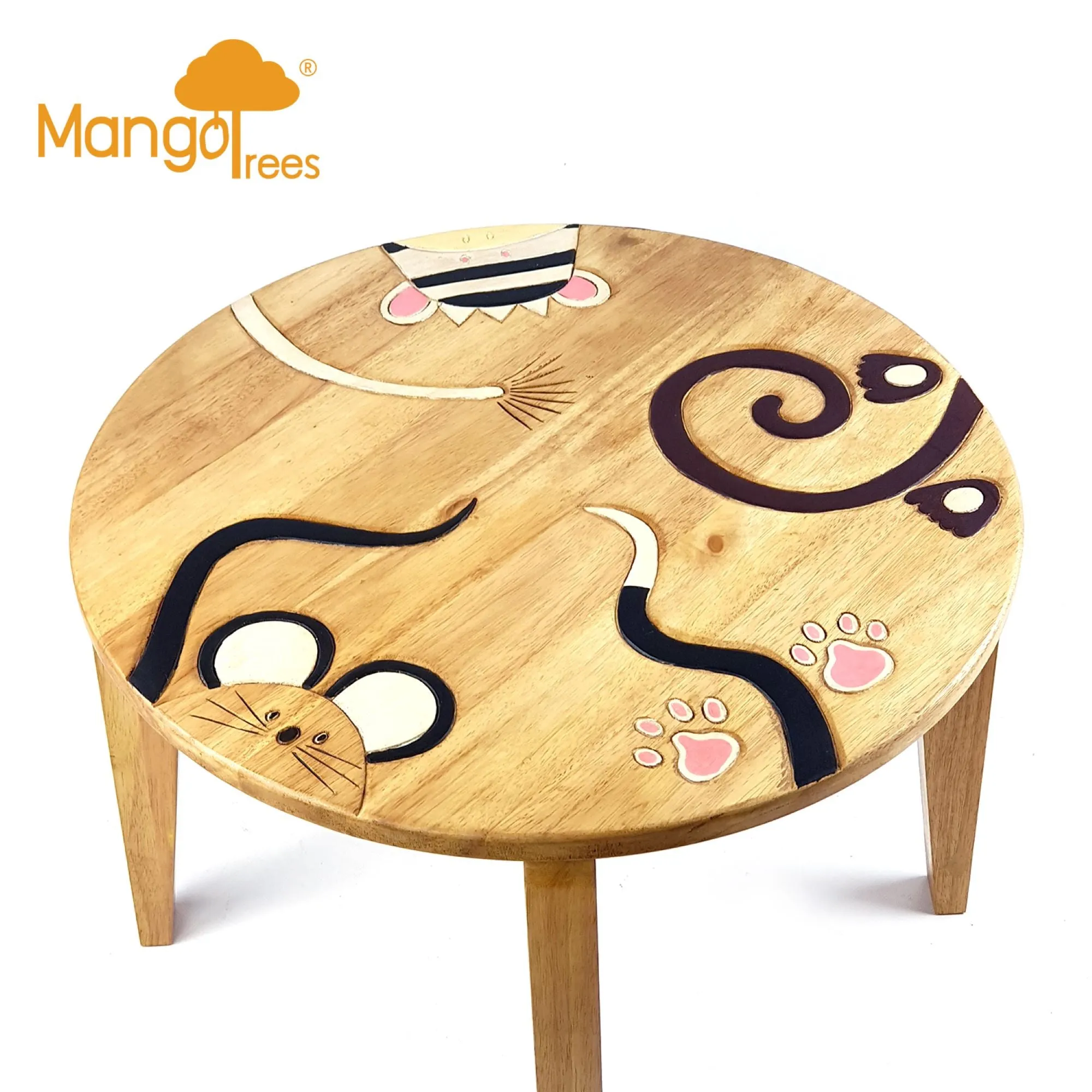 Hand Carved Children's Table Wooden Animals Theme.