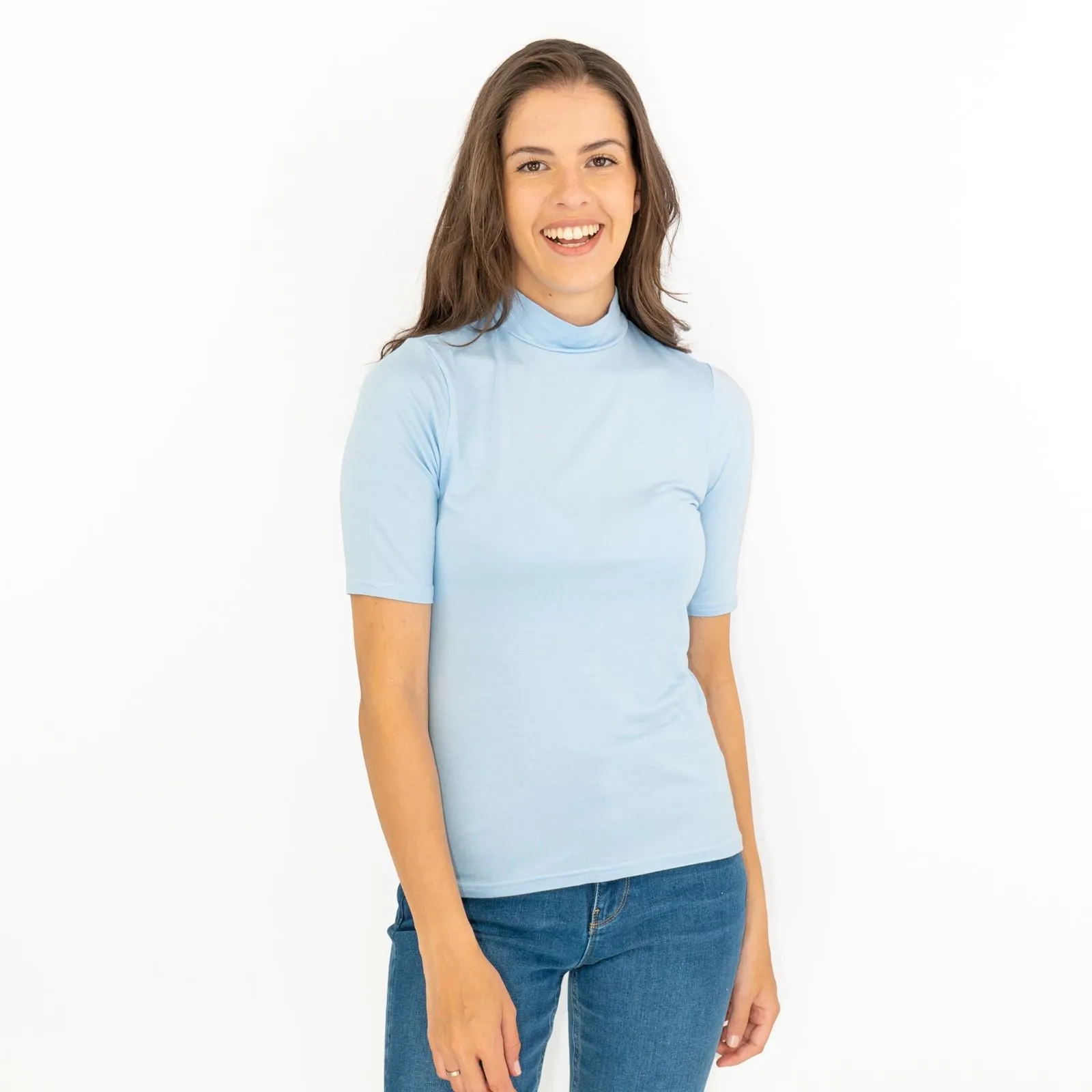 Karen Millen Blue Short Sleeve Jersey Funnel Neck Top