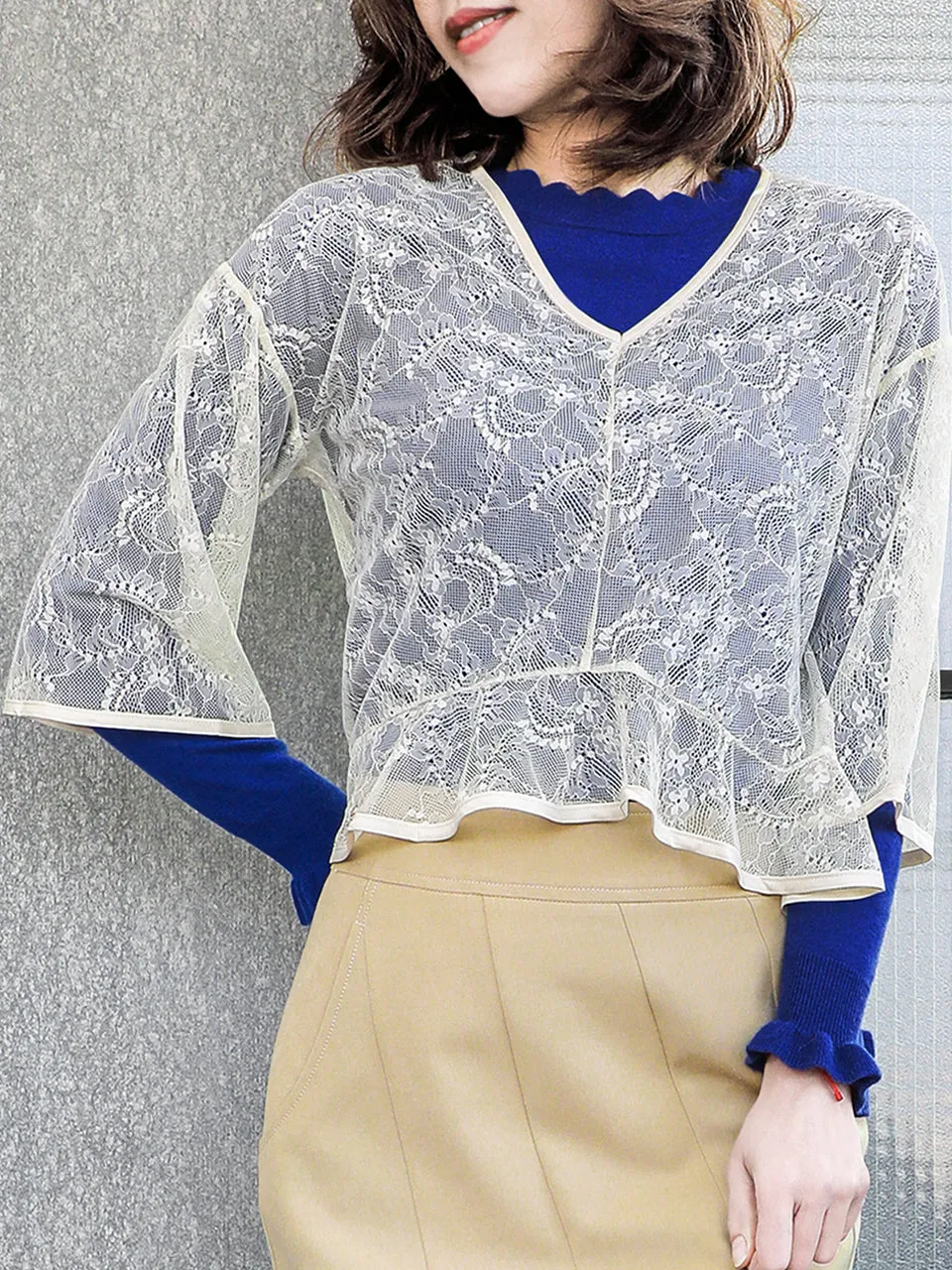 Last Chance! Ivory-White Floral Lace Cropped Peplum Blouse