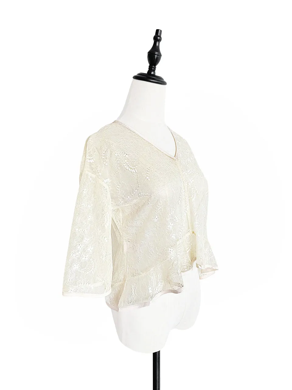 Last Chance! Ivory-White Floral Lace Cropped Peplum Blouse