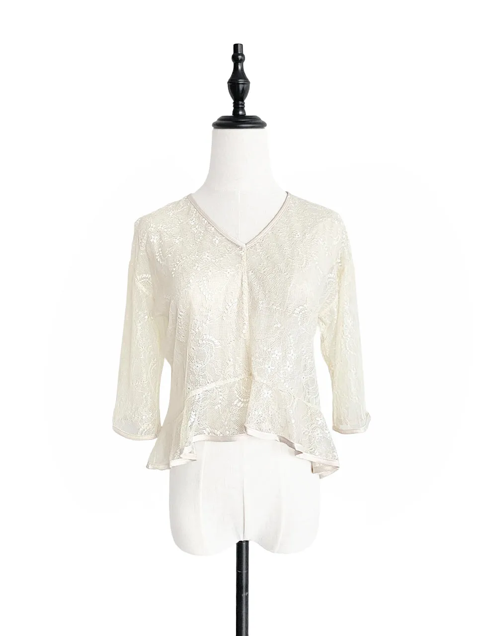 Last Chance! Ivory-White Floral Lace Cropped Peplum Blouse