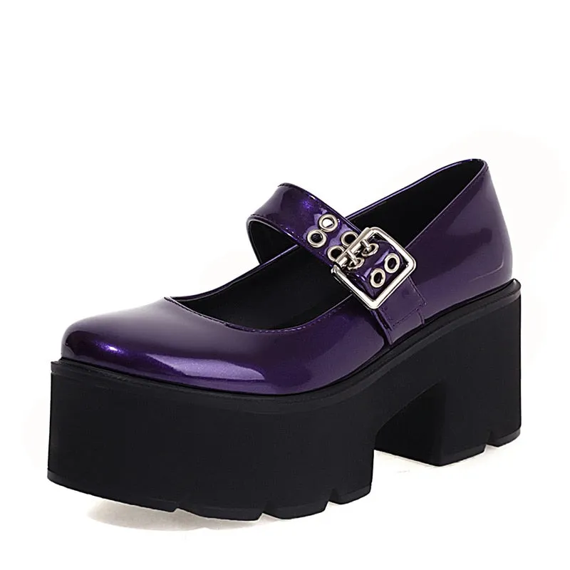 Light Purple Heels Shoes For Women Patent Leather Mary Jane Lolita Shoes Buckle Strap Thick Sole