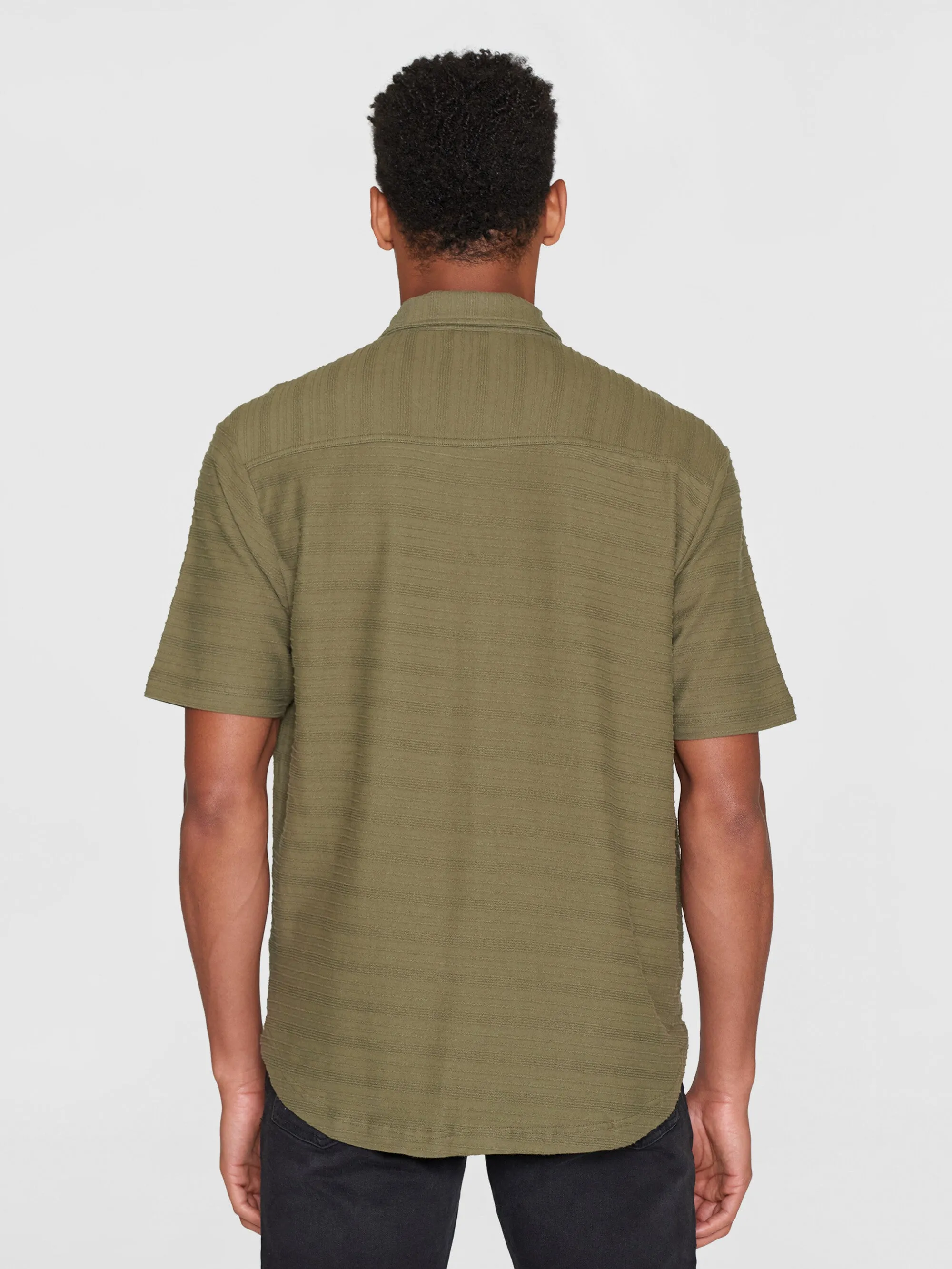 Loose short sleeve cotton solid striped jersey shirt GOTS/Vegan - Burned Olive