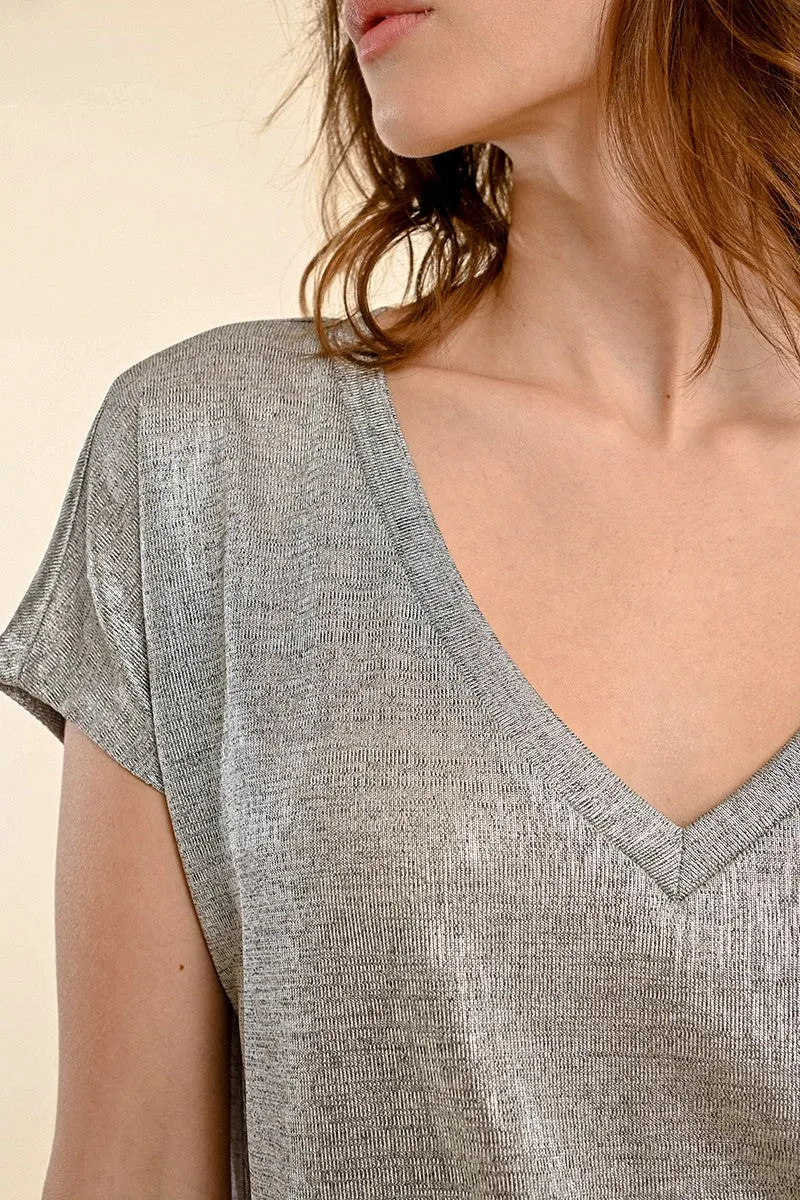 Molly Bracken Silver Grey Iridescent V-neck T-shirt