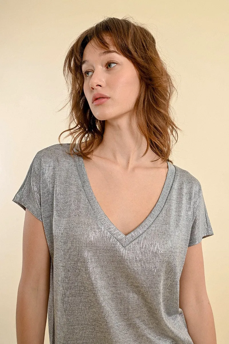 Molly Bracken Silver Grey Iridescent V-neck T-shirt