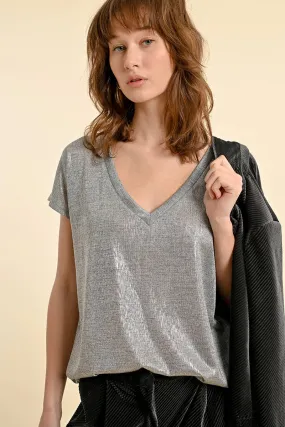 Molly Bracken Silver Grey Iridescent V-neck T-shirt