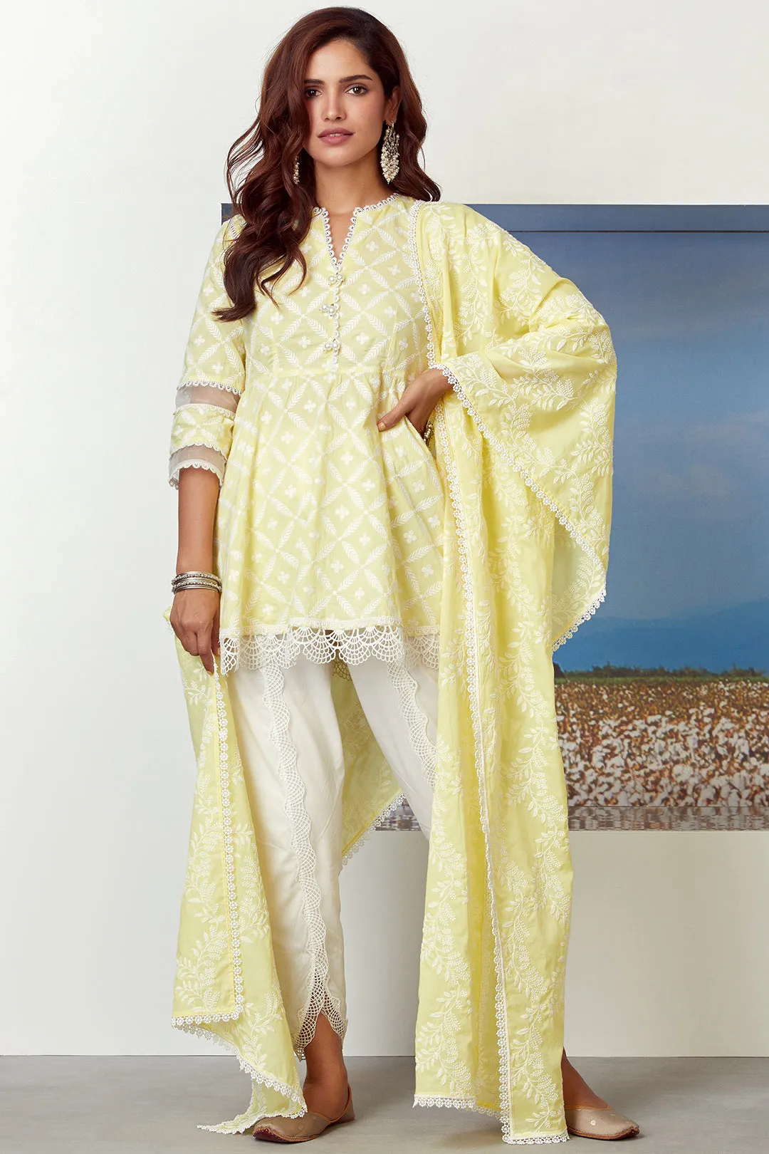 Mulmul Cotton Dew Drop Light Yellow Kurta