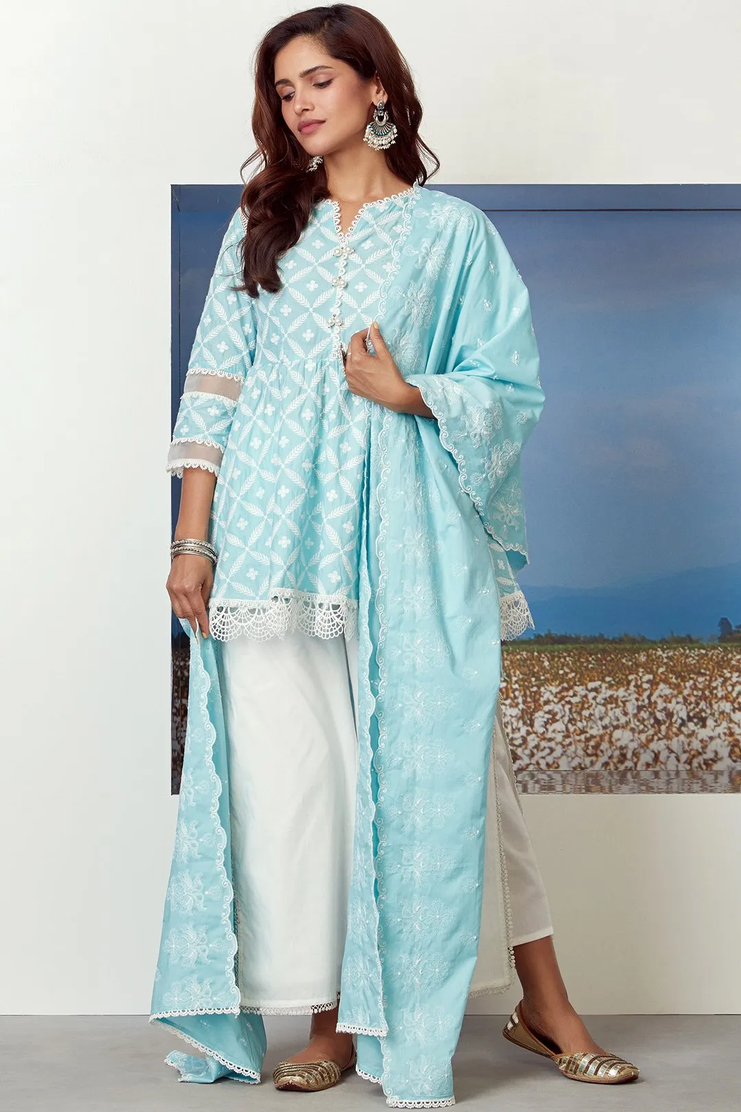 Mulmul Cotton Dew Drop Turquoise Kurta With Flap Pyajama White