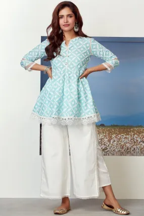 Mulmul Cotton Dew Drop Turquoise Kurta With Flap Pyajama White