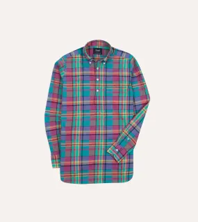 Pink and Blue Madras Check Cotton Button-Down Popover Shirt