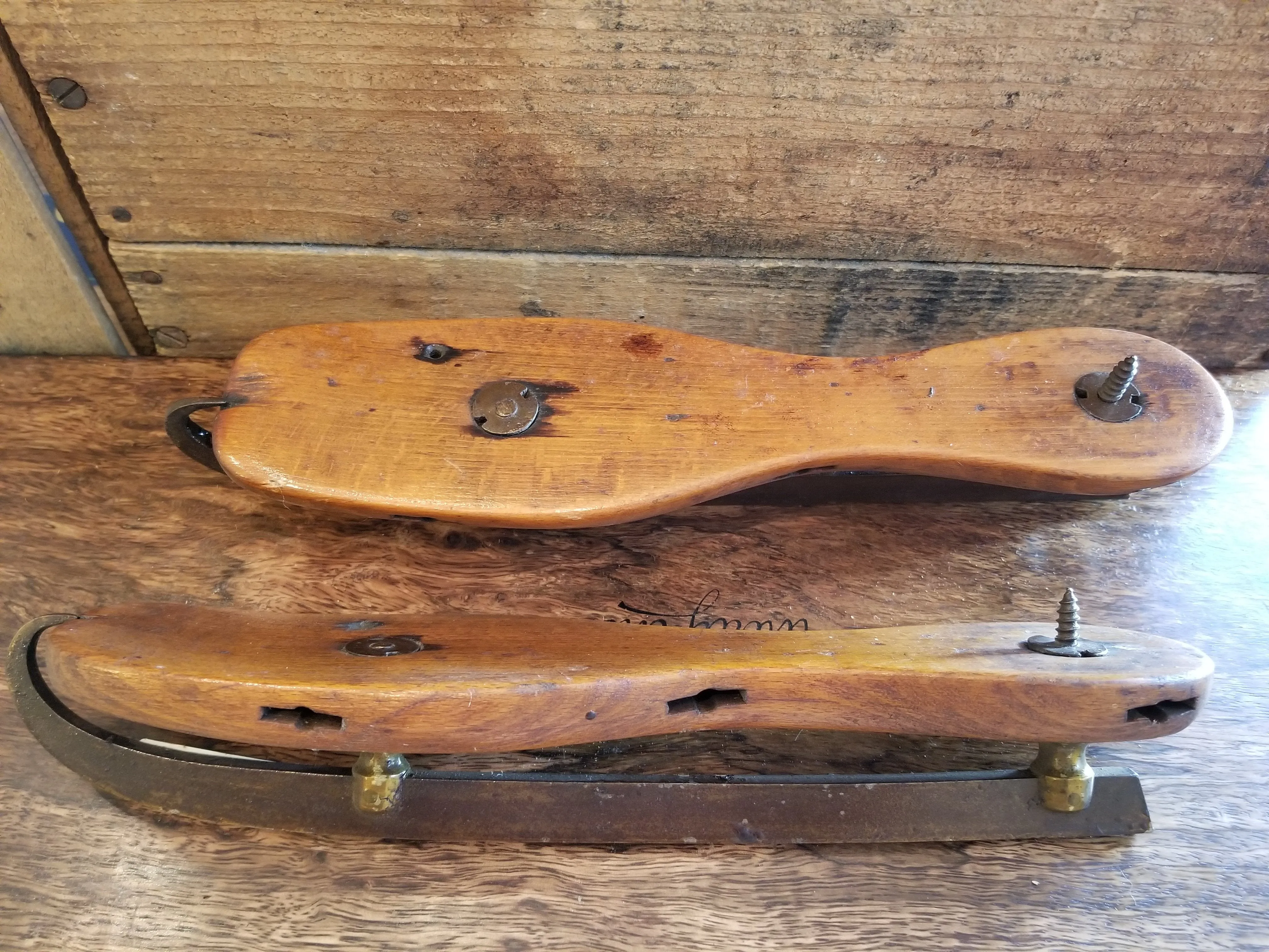 Primitive Antique Ice Skates with Wood and  Hand Forged Blades and Unique Curl